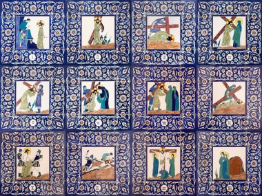 JERUSALEM, ISRAEL - MARCH 5, 2015: The ceramic tiled stations of Cross way in st. George anglicans church from 20. cent. by unknown artist.