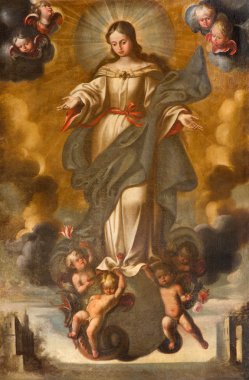 CORDOBA, SPAIN - MAY 26, 2015: The painting of Immaculate Conception of Virgin Mary by Fray Pedro de Gongora (1617-1633)  in church Iglesia de San Augustin. clipart
