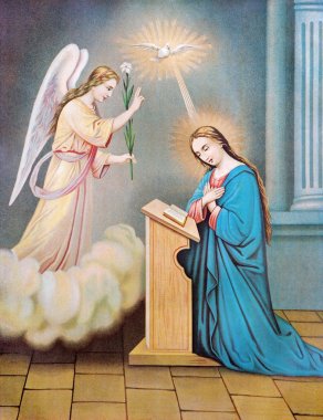 SEBECHLEBY, SLOVAKIA - JULY 27, 2015: Typical catholic image of The Annunciation from Slovakia from the end of 19. cent. originally by unknown artist.