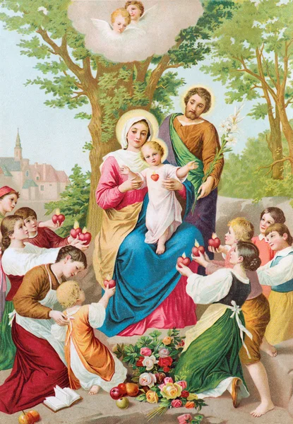 SEBECHLEBY, SLOVACCHIA - 27 LUGLIO 2015: L'immagine cattolica tradizionale stampata della Sacra Famiglia (1906) nel libro "Zivot Jezisa Krista bozskeho Spasitela naseho" stampato a Trnava da artista sconosciuto . — Foto Stock