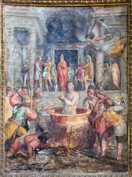 ROME, ITALY - MARCH 26, 2015: The fresco of martyrdom of St. John the Evangelist (he was allegedly boiled in oil) in church Chiesa di Santo Spirito in Sassia by Marcelo Venusti (1510 - 1579) — 图库照片