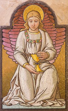 JERUSALEM, ISRAEL - MARCH 5, 2015: The mosaic of angel with the cup in st. George anglicans church from end of 19. cent. clipart