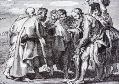 The lithography of New Testament scene after Rubens. Tow Drahma in the mouth of fish.
