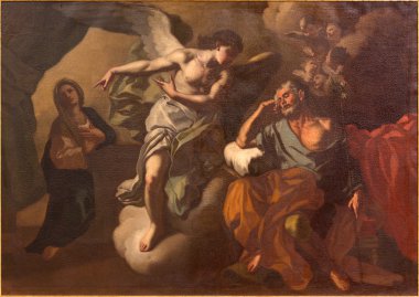 JERUSALEM, ISRAEL - MARCH 5 , 2015: The Apparition of angel to St. Joseph in the dream paint in St. Ann church by unknown artist.