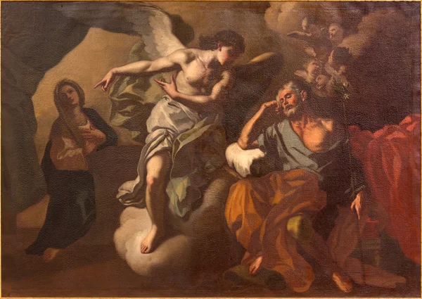 JERUSALEM, ISRAEL - MARCH 5 , 2015: The Apparition of angel to St. Joseph in the dream paint in St. Ann church by unknown artist. — Stock Photo, Image