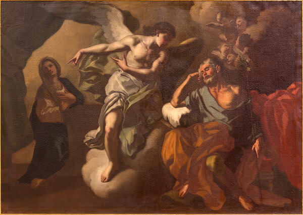 ИЕРУСАЛИМ, ИРАИЛЬ - 5 МАРТА 2015 г.: Явление ангела Св. Иосифу в картине снов в церкви Св. Анны неизвестным художником
.