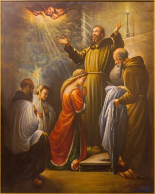 CORDOBA, SPAIN - MAY 27, 2015: St. Francis of Assisi at the ordination of st. Clara in year 1212 in church Convento de Capuchinos. The modern paint of 20. cent. by unknown artist.