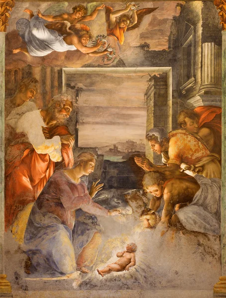 ROME, ITALY - MARCH 25, 2015: The Nativity fresco in side chapel of church Chiesa della Trinita dei Monti by unknown artist from middle of 16. cent. — Zdjęcie stockowe