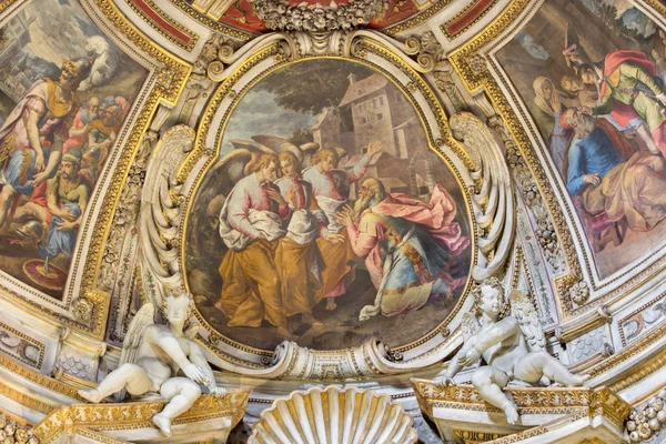 ROMA, ITÁLIA - MARÇO 26, 2015: O afresco da Visitação de Deus por Abraão na abside da capela lateral de São João na igreja Chiesa di Santo Spirito in Sassia por Marcelo Venusti (1510 - 1579 ) — Fotografia de Stock