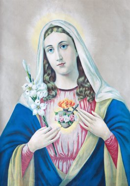 SEBECHLEBY, SLOVAKIA - JULY 27, 2015: Typical catholic image of heart of Virgin Mary from Slovakia printed in Germany from the begin of 20. cent. originally by unknown artist.