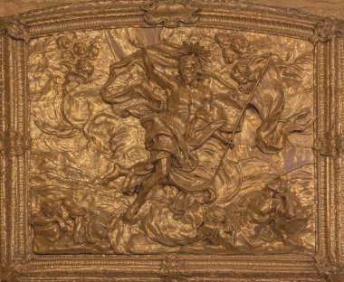 JERUSALEM, ISRAEL - MARCH 3, 2015: The metal relief of Resurrection of Christ  by unknown artist.