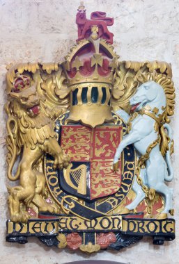 JERUSALEM, ISRAEL - MARCH 5, 2015: The relief of England royal arms in St. George anglicans church from year 1948.