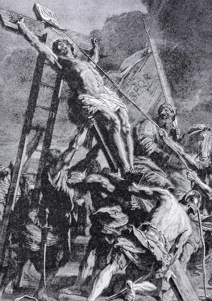 SEBECHLEBY, SLOVAKIA - JULY 27, 2015: The lithography of Elevation of the Cross (1906) after Rubens in the book "Zivot Jezisa Krista bozskeho Spasitela naseho" by unknown artist printed in Trnava. — Stock Photo, Image