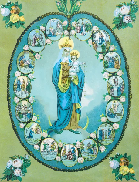 SEBECHLEBY, SLOVAKIA - JULY 27, 2015: Typical catholic image of Virgin Mary of Rosary from Slovakia printed in Germany from end of 19. cent. originally by unknown artist. — Stock fotografie