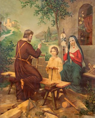 SEBECHLEBY, SLOVAKIA - JULY 27, 2015: Typical catholic image printed image of Holy Family from the end of 19. cent. printed in Germany originally by unknown painter. clipart