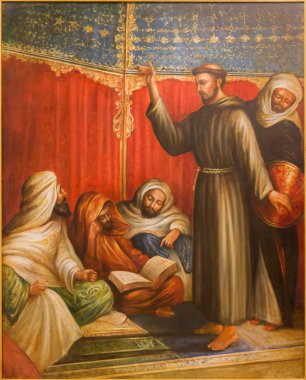 CORDOBA, SPAIN - MAY 27, 2015:  St. Francis of Assisi before sultan Melek el Kamel during one of crusade in church Convento de Capuchinos. The modern paint of 20. cent. by unknown artist. clipart