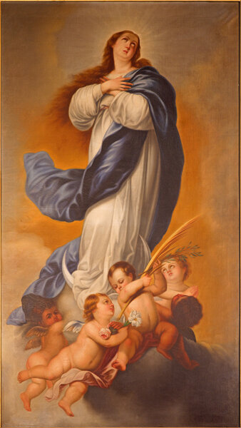 MALAGA, SPAIN - MAY 31, 2015: The painting of Immaculate Conception of Virgin Mary in Iglesia del Santiago Apostol church by D. K. Blanco from 18. cent.