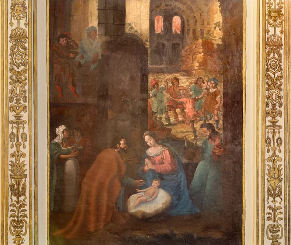 CORDOBA, SPAIN-MAY 26, 2015: The Nativity fresco from 17.Cristobal Vela和Juan Luis Zambrano在圣奥古斯丁教堂的演讲. — 图库照片