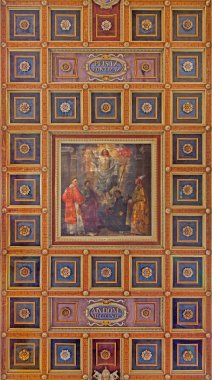 ROME, ITALY - MARCH 25, 2015: The cofferd carved ceiling with the fresco of Resurrected Christ among the saints by Roberto Bompianiin (1860) in church Chiesa di San Lorenzo in Lucina