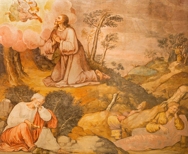 CORDOBA, SPAIN - MAY 27, 2015: Jesus prayer in Gethsemane grarden fresco from 17. cent. by unknown artist in church Iglesia San Nicolas de la Villa.
