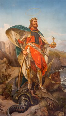 ROME, ITALY - MARCH 25, 2015: The painting of St. Olav the king of Norway by Pius Adamowitsch Welonsky (1893) on side altar of church Basilica dei Santi Ambrogio e Carlo al Corso.