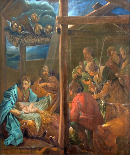 BRUGGE, BÉLGICA - JUNHO 12, 2014: A pintura da Natividade de Jan van den Kerckhove 1707 em St. Jacobs igreja (Jakobskerk ) — Fotografia de Stock