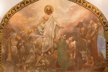 BANSKA BELA, SLOVAKIA - FEBRUARY 5, 2015: The fresco of Christ healing in St. John the Evangelist church by Jan Antal (1905).