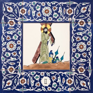 JERUSALEM, ISRAEL - MARCH 5, 2015: The ceramic tiled station of Cross way in st. George anglicans church from 20. cent. by unknown artist. The Christ carries his cross