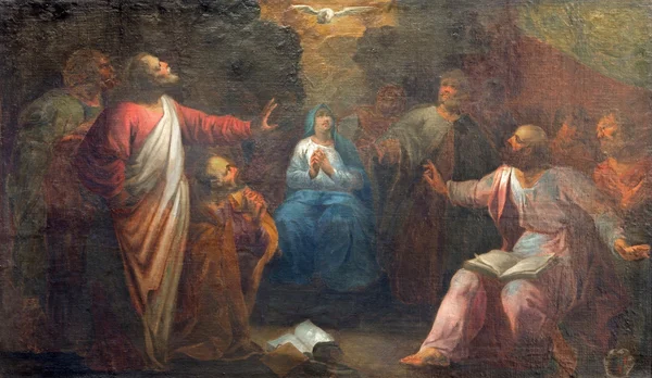 บรูคส์, เบลเยียม 12 มิถุนายน ค.ศ. 2014: ภาพวาด Pentecost โดย เจ. การ์เมซ (1750) เป็นส่วนหนึ่งของ 14 ภาพวาดของความลึกลับของโรสแมรี่ในโบสถ์เซนต์วอลเบิร์ก . — ภาพถ่ายสต็อก