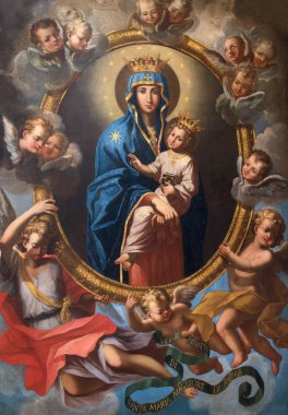 Rome, İtalya - 25 Mart 2015: Madonna yan şapel kilise Chiesa San Marcello al Corso Agostino Masucci (1727 tarafından melekler arasında).
