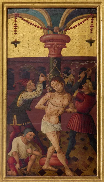 NEUBERG AN DER MURZ, AUSTRIA - SEPTEMBER 13, 2015: The paint of Flageleation of Jesus on side altar of gothic Dom by unknown artist from year 1505. — Zdjęcie stockowe