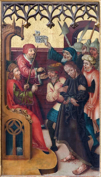 NEUBERG AN DER MURZ, AUTRICHE - 13 SEPTEMBRE 2015 : La peinture du jugement de Jésus pour Pilate sur l'autel latéral du Dom gothique par un artiste inconnu de l'année 1505 . — Photo