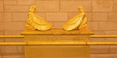 JERUSALEM, ISRAEL - MARCH 3, 2015: The symbolic Ark of the Covenant relief in Evangelical Lutheran Church of Ascension by unknown artist of 20. cent. clipart