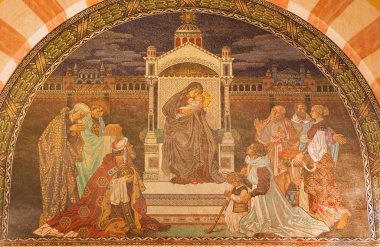 JERUSALEM, ISRAEL - MARCH 3, 2015: The Three Magi scene. Mosaic in Evangelical Lutheran Church of Ascension designed by H. Schaper and F. Pfannschmidt (1988-1991).