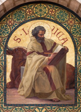 JERUSALEM, ISRAEL - MARCH 5, 2015: The paint of Saint Luke the Evangelist in st. Stephens church from year 1900 by Joseph Aubert.