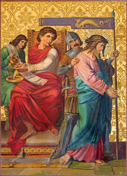 JERUSALEM, ISRAEL - MARCH 4, 2015: The paint Jesus judgment for Pilate from end of 19. cent. by unknown artist as part of cross way cylce in Armenian Church Of Our Lady Of The Spasm. — 스톡 사진