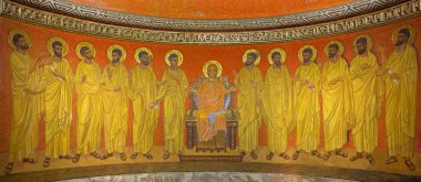 JERUSALEM, ISRAEL - MARCH 3, 2015: The of Virgin Mary among the apostles in the crypt apse of Dormition abbey by unknown artist of 20. cent.