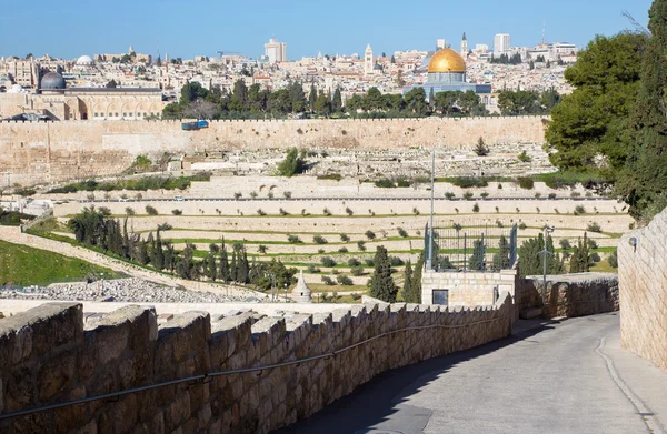 Jerusalem - Outlook from Mount of Olives to old city with the Dom of Rock, church of Redeemer, Basilica of Holy Sepulchre and tower of Latin patriarchat. — Stock Photo, Image