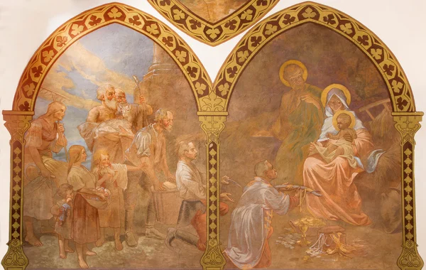 BANSKA BELA, ESLOVAQUIA - 5 DE FEBRERO DE 2015: El fresco de la Adoración de los pastores escena en la iglesia de San Juan Evangelista por Jan Antal (1905 ). —  Fotos de Stock