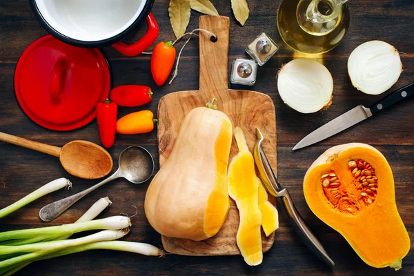 Preparing pumpkin, onions and sweet peppers for cooking — Stock Photo, Image