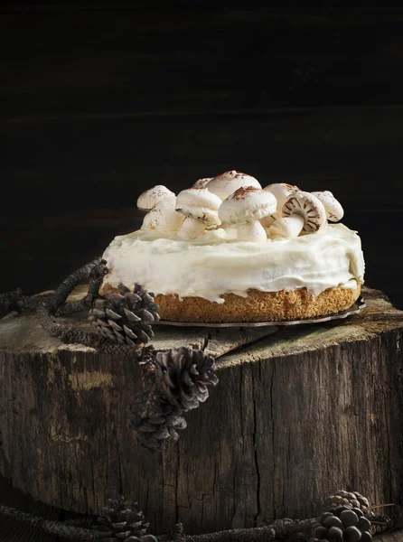 Vanilla Cake decorated with meringue mushrooms — Stock Photo, Image