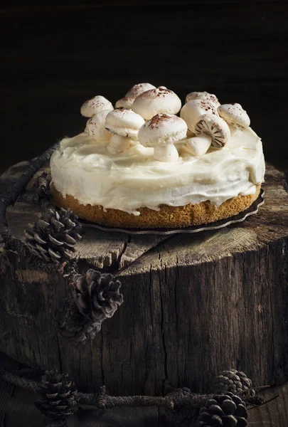 Tort waniliowy ozdobione beza grzyby — Zdjęcie stockowe