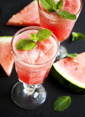 Watermelon smoothies in glass cup. Top view