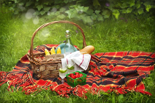 Picnic basket with berries, lemonade, corn and bread. — 图库照片