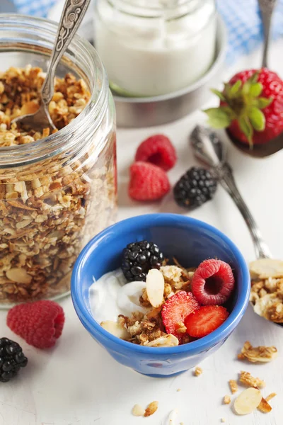 Zelfgemaakte muesli met berry en yoghurt — Stockfoto