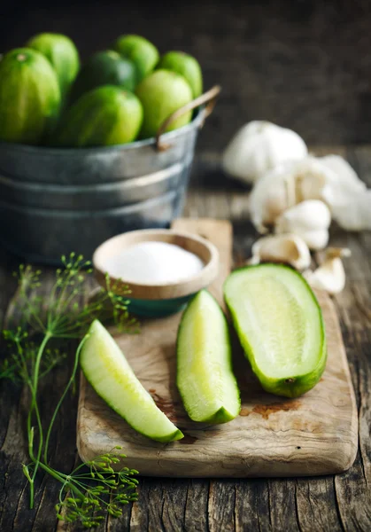 Verse komkommer, dille, knoflook en zout. Voorbereid beitsen — Stockfoto