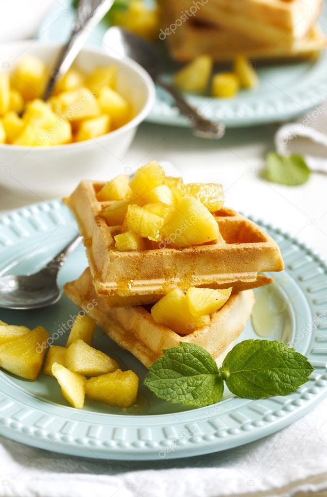 Belgian waffles with caramelized apple and honey