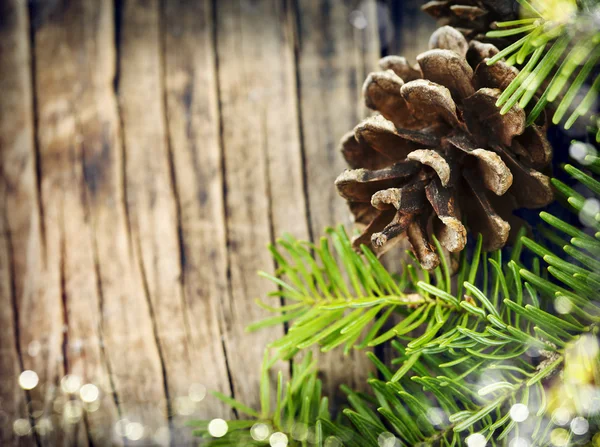 Coni di pino e rami di abete su sfondo di legno — Foto Stock