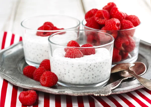 Chia tohum ve sağlıklı breakfa için taze ahududu ile yoğurt — Stok fotoğraf