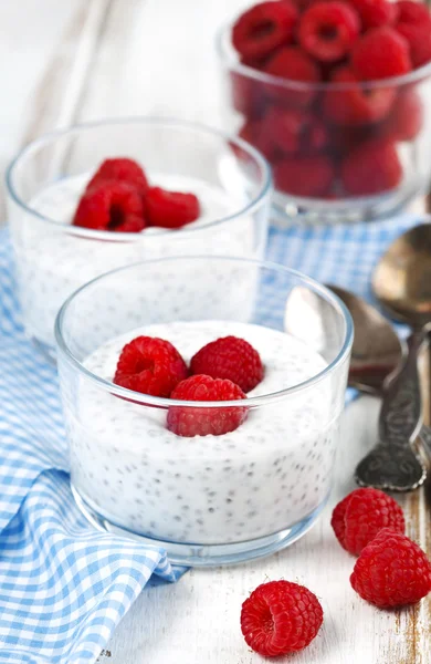 Yogurt with chia seeds and fresh raspberries for healthy breakfa — Stock Photo, Image